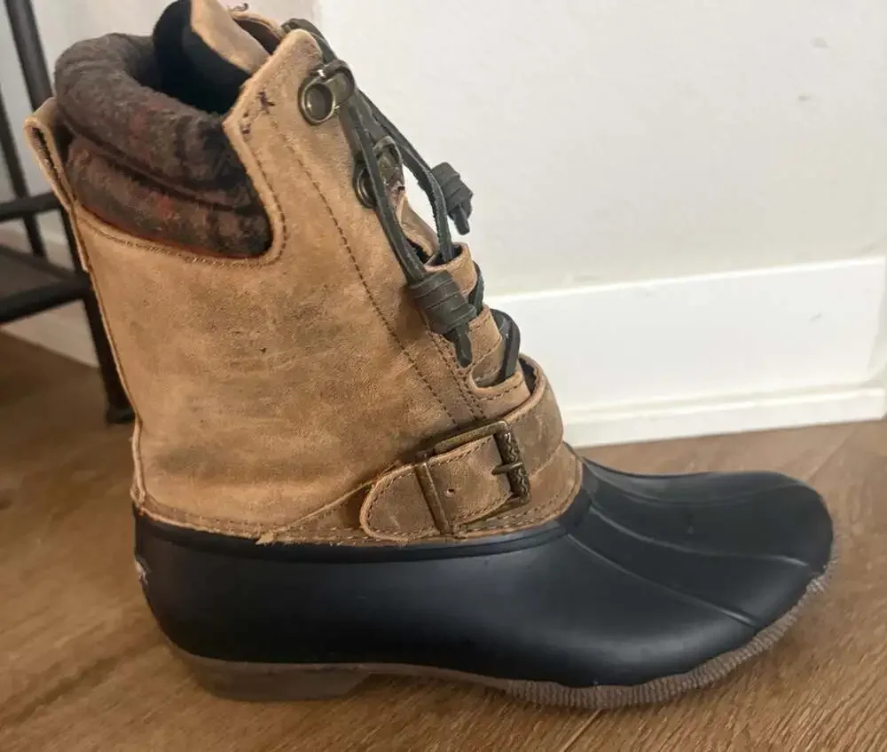 Sperry Saltwater Duck Boots Women’s 8 Tan Leather Waterproof Plaid Cuff Zip Lac